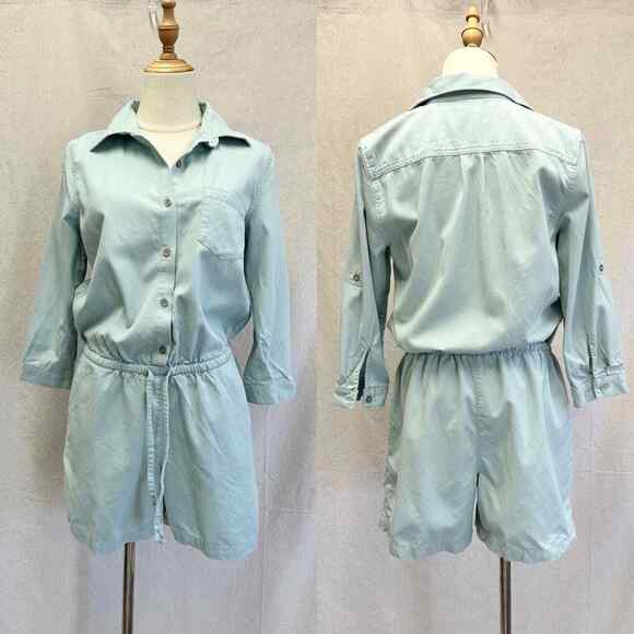 CAbi blue-green Alexa safari utility 3/4 roll tab sleeve Twill romper Size Small - Picture 1 of 14